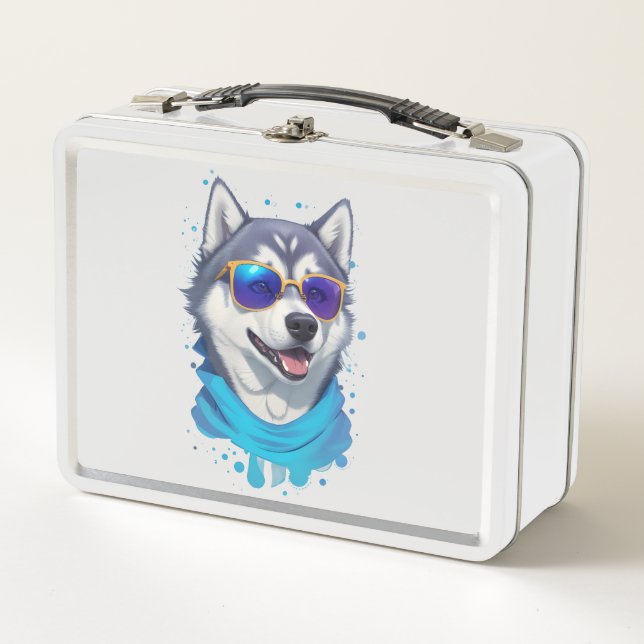 Sunglass-Wearing Husky Dog in Playful Splash Metal Lunch Box (Front)