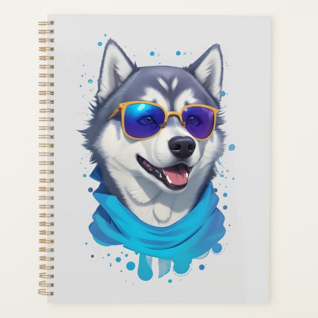 Sunglass-Wearing Husky Dog in Playful Splash Planner (Front)