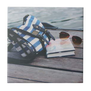 Sunglasses, Book, Purse on Dock by Lake Tile