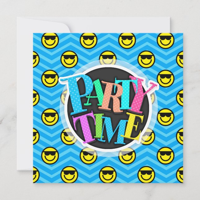 Sunglasses Happy Face on Blue Chevron Pattern Invitation (Front)