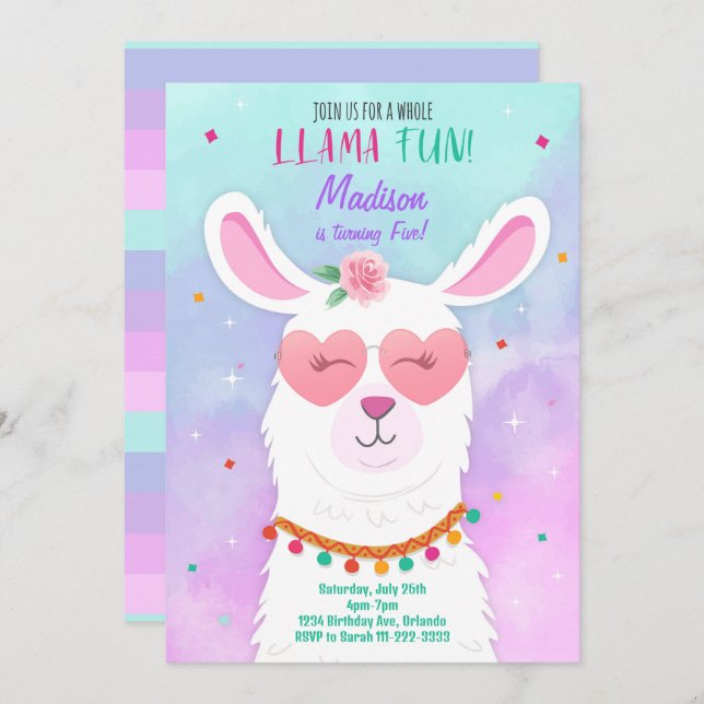 Sunglasses Llama Kids Birthday Invitation (Front/Back)