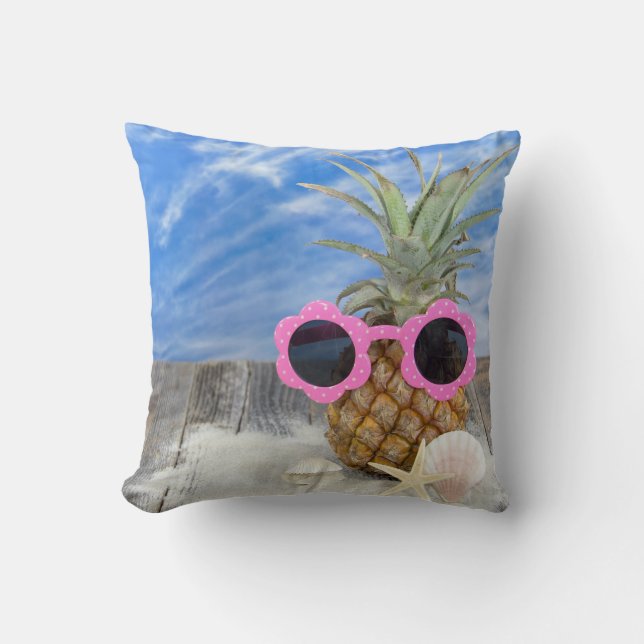 sunglasses on pineapple with seashells cushion (Front)