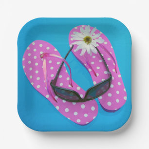 Sunglasses On Polka Dot Flip-flops Paper Plate