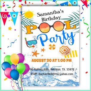 Sunglasses Tropical Pool Party Birthday  Invitatio Invitation