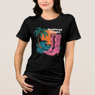 Sunkissed Cowgirl Western Boots Retro Sun Waves Tri-Blend Shirt