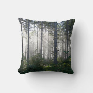 Sunlight Breaking Through a Misty Forest Cushion