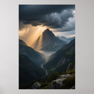 Sunlight Over Majestic Mountain Peak Poster