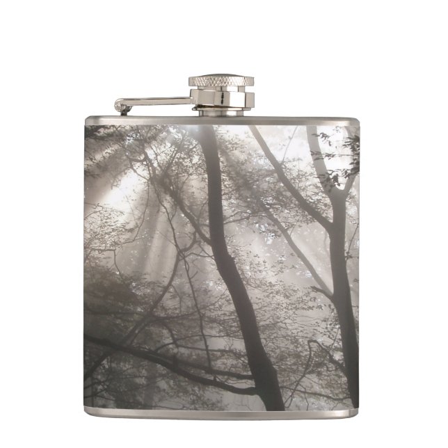 Sunlight Through Trees Dark Woodland Hip Flask (Front)