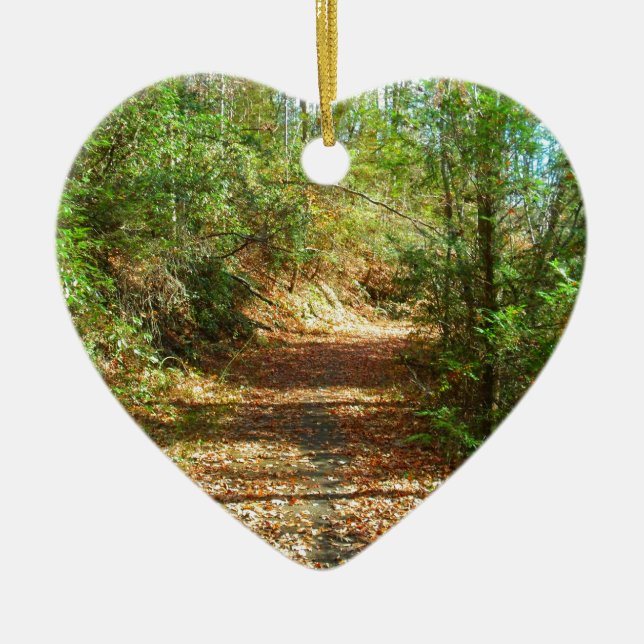 Sunlit Autumn Forest Trail Ceramic Tree Decoration (Front)