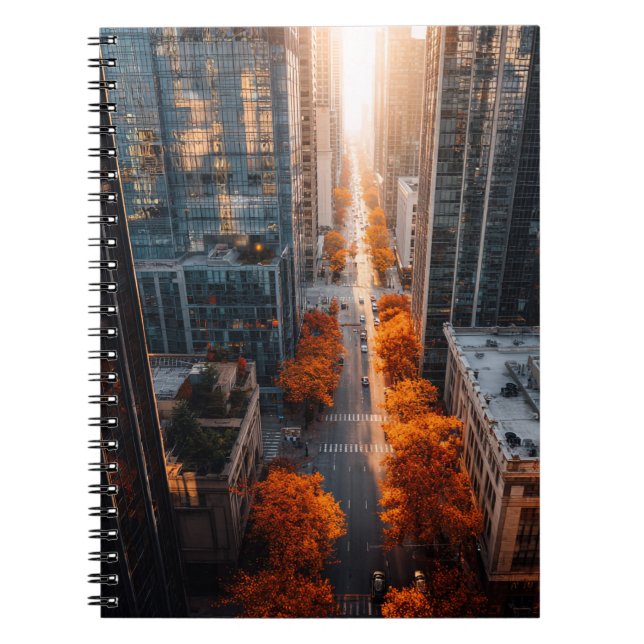 Sunlit Autumn Skyscraper Street Notebook (Front)