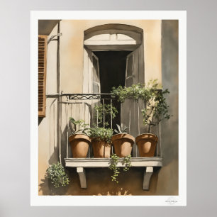 Sunlit Balcony with Flowers Oil Painting Print