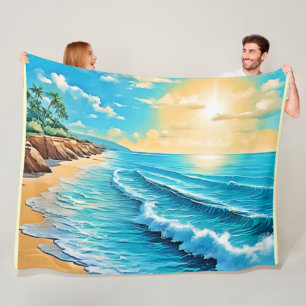 Sunlit Beach Waves Design Fleece Blanket