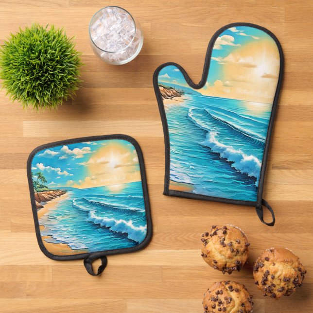 Sunlit Beach Waves Design  Oven Mitt & Pot Holder Set (Top Down)