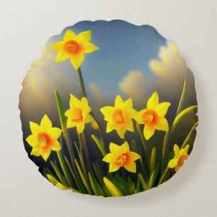 Sunlit Blooms: Golden Daffodils in Full Glory  Round Cushion