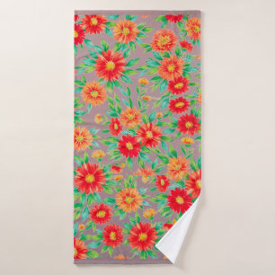 Sunlit Blooms" - Orange and Red Floral Woven Place Bath Towel