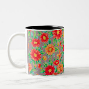 Sunlit Blooms" - Orange and Red Floral Woven Place Two-Tone Coffee Mug