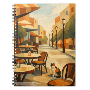 Sunlit Café Street with Calico Cat Notebook