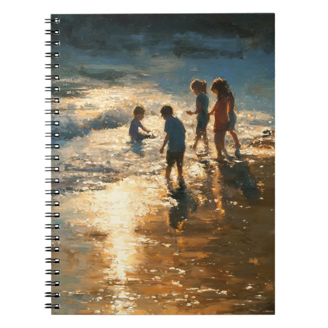 Sunlit Children Playing Beach Painting Notebook (Front)