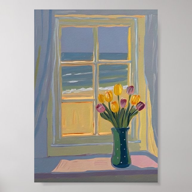 Sunlit Coastal Window View Impressionist Oil Paint Poster (Front)