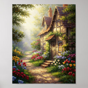 Sunlit Cottage & Flowers Oil Masterpiece Poster