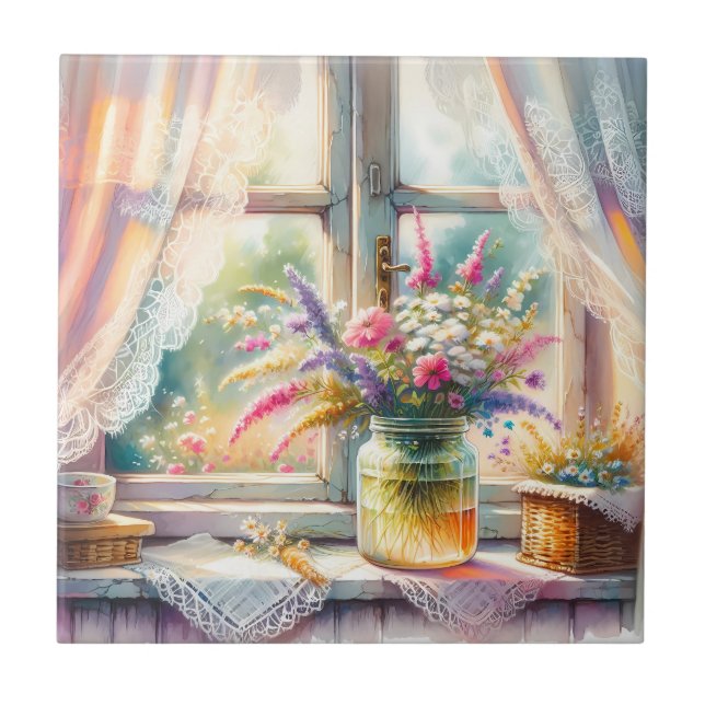 Sunlit Cottage Window Wildflowers Ceramic Tile (Front)