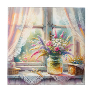 Sunlit Cottage Window Wildflowers Ceramic Tile