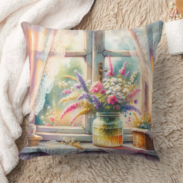 Sunlit Cottage Window Wildflowers Cushion (Blanket)