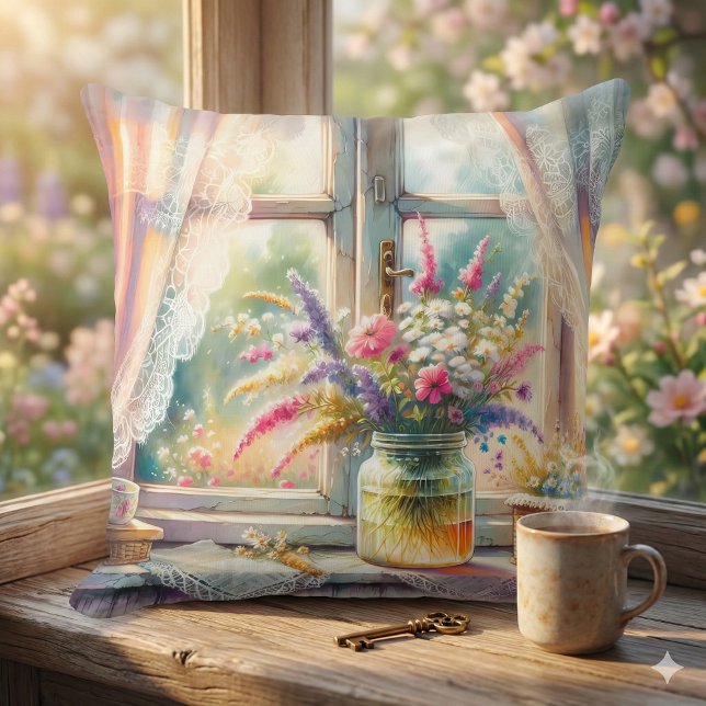Sunlit Cottage Window Wildflowers Cushion (Sunlit Cottage Window Wildflowers Throw Pillow Mockup A)