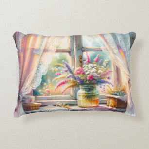Sunlit Cottage Window Wildflowers Decorative Cushion