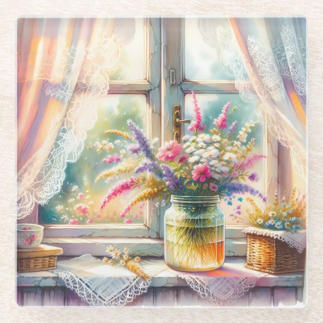 Sunlit Cottage Window Wildflowers Glass Coaster (Front)