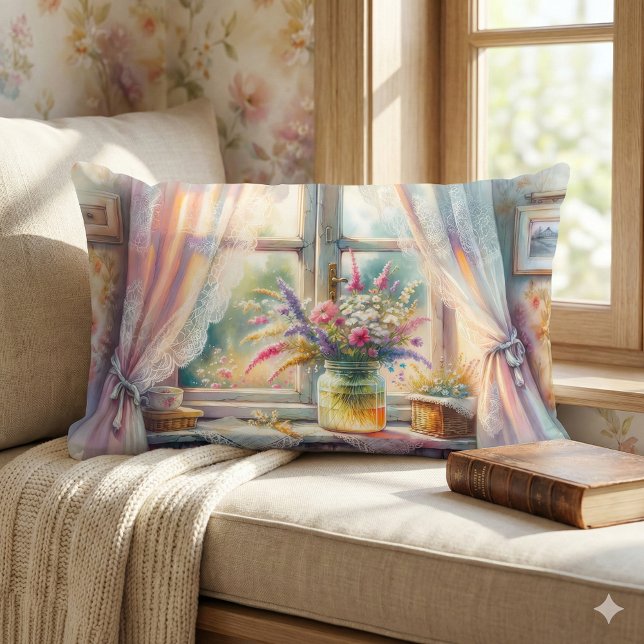Sunlit Cottage Window Wildflowers Lumbar Cushion (Sunlit Cottage Window Wildflowers Lumbar Pillow Mockup A)