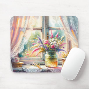 Sunlit Cottage Window Wildflowers Mouse Pad