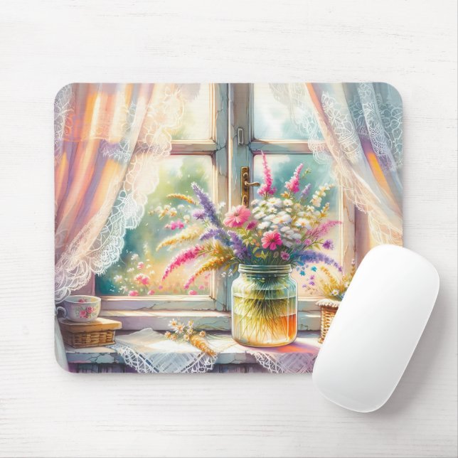 Sunlit Cottage Window Wildflowers Mouse Pad (With Mouse)