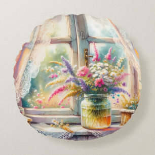 Sunlit Cottage Window Wildflowers Round Cushion