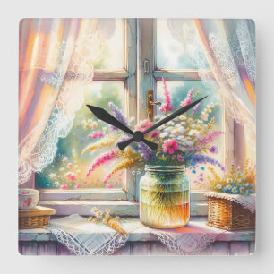 Sunlit Cottage Window Wildflowers Square Wall Clock