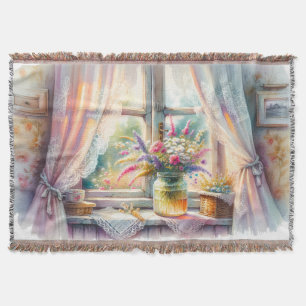 Sunlit Cottage Window Wildflowers Throw Blanket