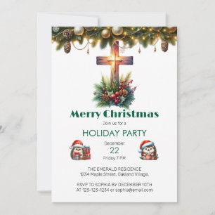 Sunlit Cross with Holly, Christmas Invitation