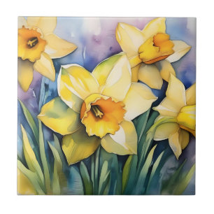 Sunlit Daffodils Watercolor Ceramic Tile