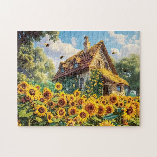 Sunlit Farmhouse with Blooming Sunflowers Jigsaw Puzzle (Horizontal)
