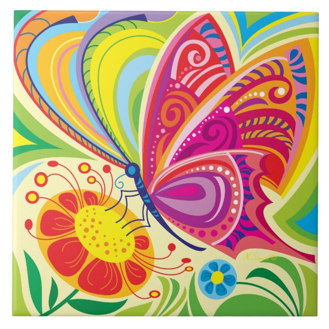 Sunlit Fluttering Flora Ceramic Tile (Front)