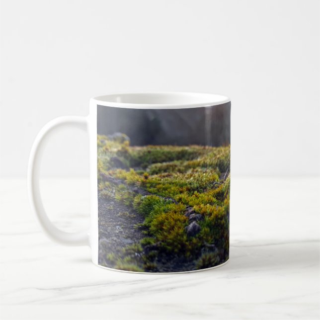 "Sunlit Forest Floor – Moss Close-Up at Dusk" Coffee Mug (Left)