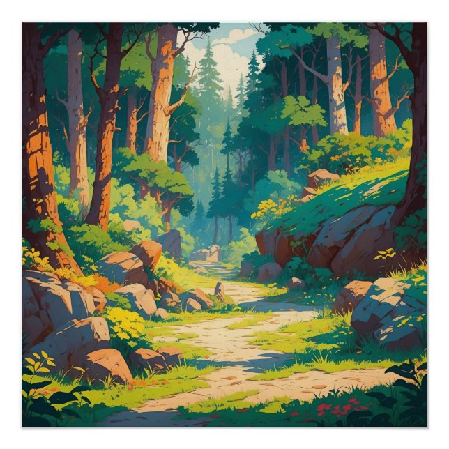 Sunlit Forest Path – Tranquil Woodland Nature Scen Poster (Front)