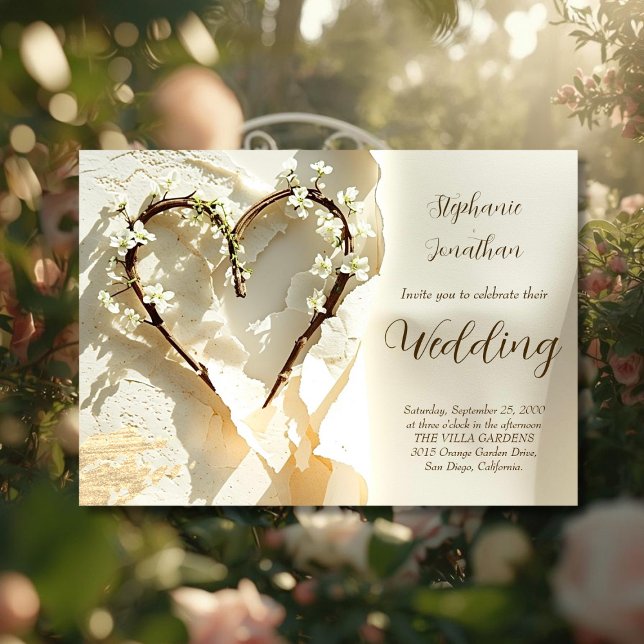 Sunlit Garden Branch Heart on Warm Cotton Wedding Invitation (Creator Uploaded)
