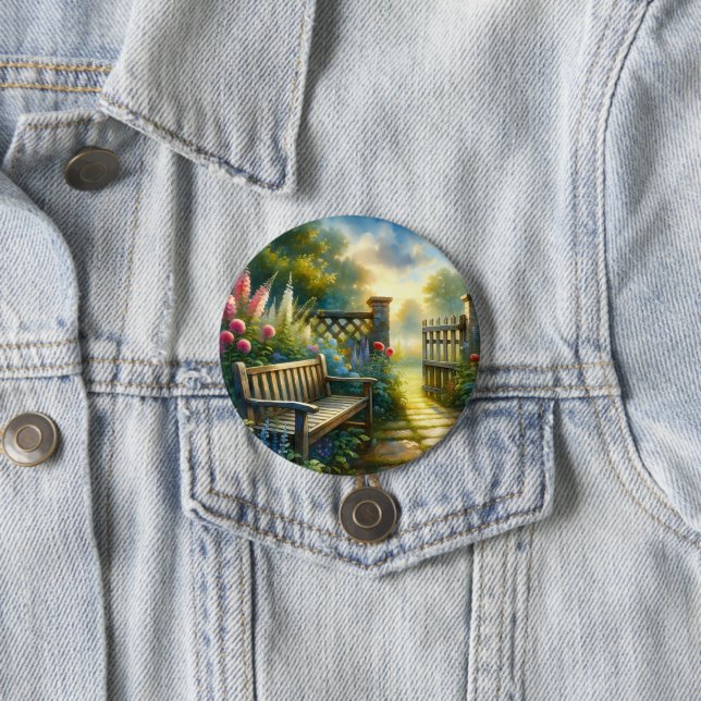 Sunlit Garden Pathway Gate Scene 7.5 Cm Round Badge (In Situ)
