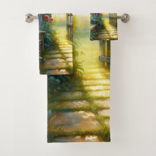 Sunlit Garden Pathway Gate Scene Bath Towel Set