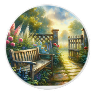Sunlit Garden Pathway Gate Scene Ceramic Knob