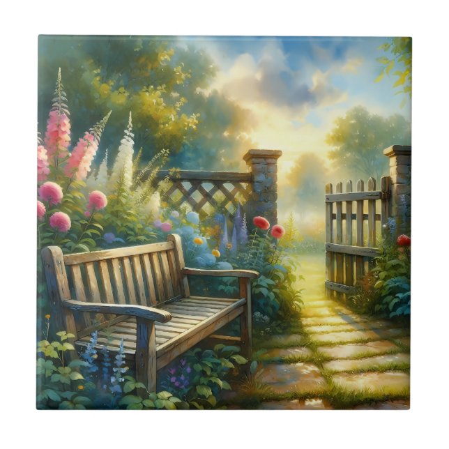 Sunlit Garden Pathway Gate Scene Ceramic Tile (Front)