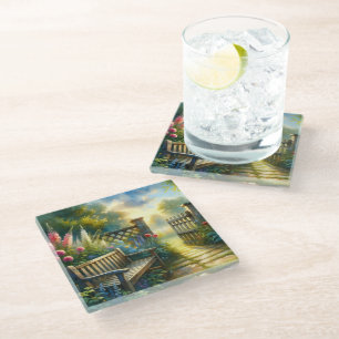 Sunlit Garden Pathway Gate Scene Glass Coaster