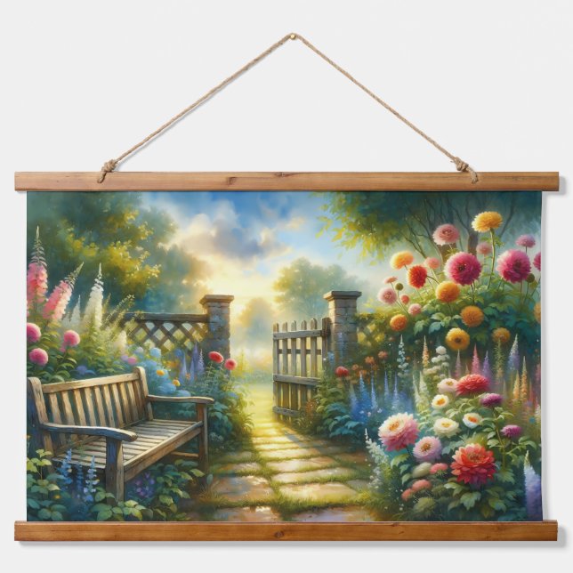 Sunlit Garden Pathway Gate Scene Hanging Tapestry (Front)