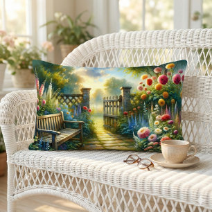 Sunlit Garden Pathway Gate Scene Lumbar Cushion
